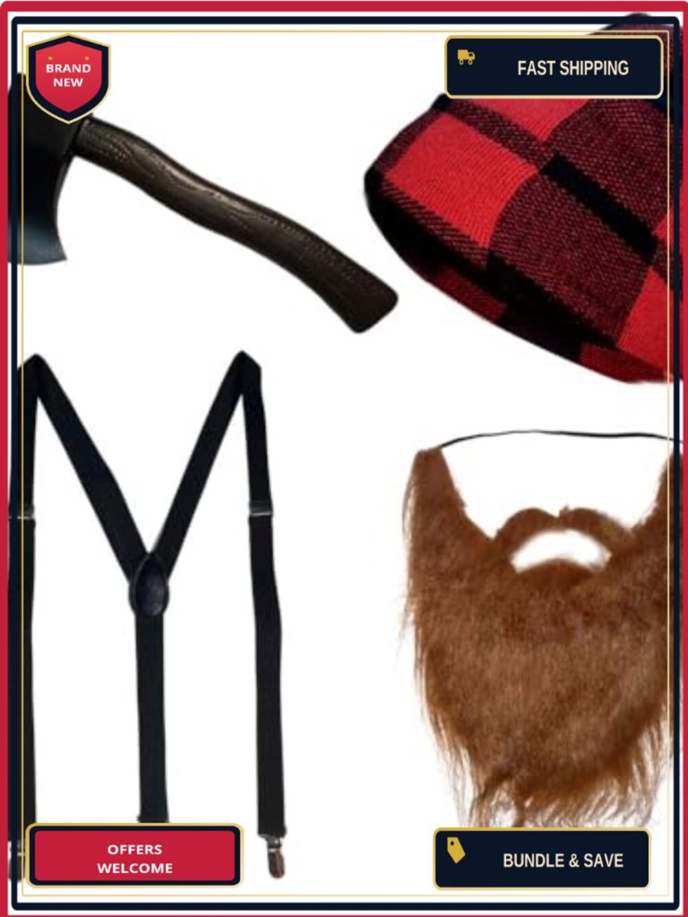 4 Piece Lumberjack Costume Set Hat Beard Suspender Foam Axe Halloween Cosplay